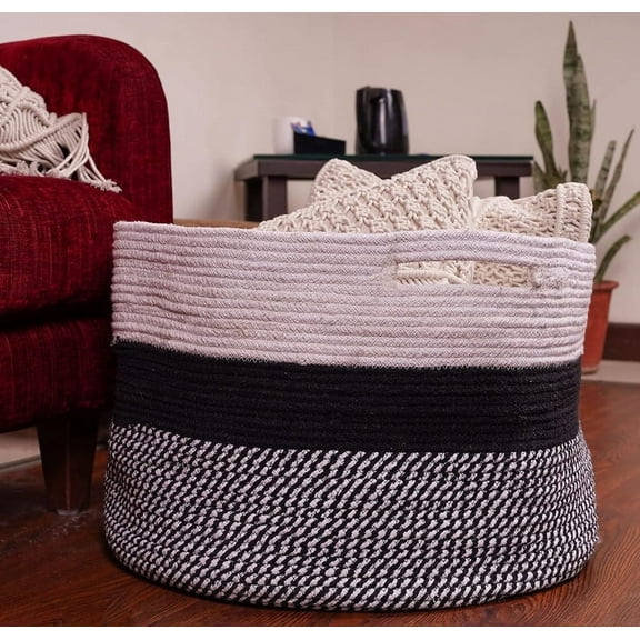 HOMEMONDE Cotton Rope Basket with Handle 14x22 Inches Modern Decorative Large Storage for Baby Clothes, Blanket, Soft Woven Storage Baskets