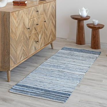 HOMEMONDE Denim Stripes Area Rug 2 x 6 ft Entryway Runner Carpet Handmade Recycled Fabric Throw Rag Rug for Kitchen, Laundry Room, Bedroom