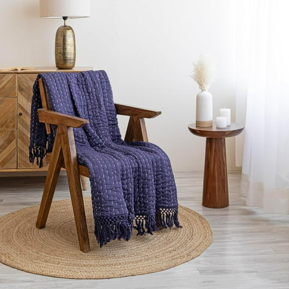 HOMEMONDE Hand Stitched Throw Blanket - Warm & Cozy Kantha Quilt Cotton Filling Decorative Warmth Blanket - 60x50 Inch