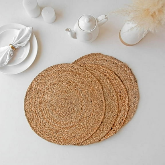 HOMEMONDE Jute Round Placemats Set of 6 - 15 Inch Woven Natural Hand Braided Wicker Tablemats - Farmhouse Boho Rustic Vintage - For Table Decoration & Dining Table