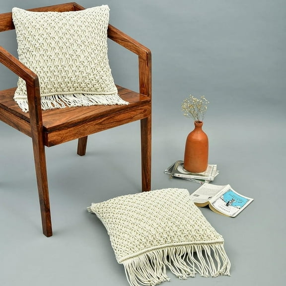 HOMEMONDE Macrame Pillow Covers 18x18 Inch Decorative Bohemian Rustic Farmhouse Cushion Case (Ivory-2)