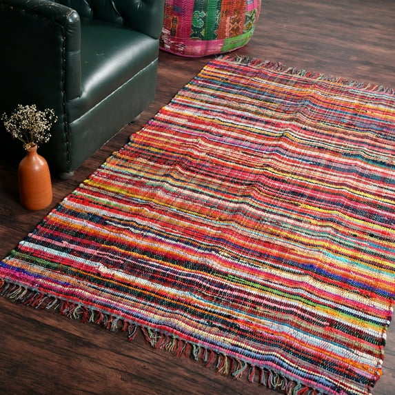 HOMEMONDE Multi Colorful Area Rugs Recycled Farmhouse Braided Dormats with Tassels Polyester Chindi Rag Rug - 20x32 Inch