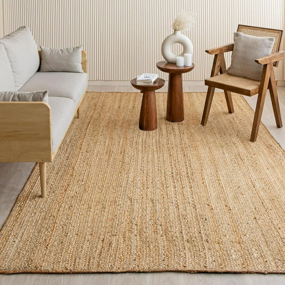HOMEMONDE Natural Jute Rug 9'x12'- Rectangle Natural Fibers - Handwoven Rustic Vintage Braided Reversible Boho Farmhouse Area Accent Rug - Indoor/Outdoor & Patio