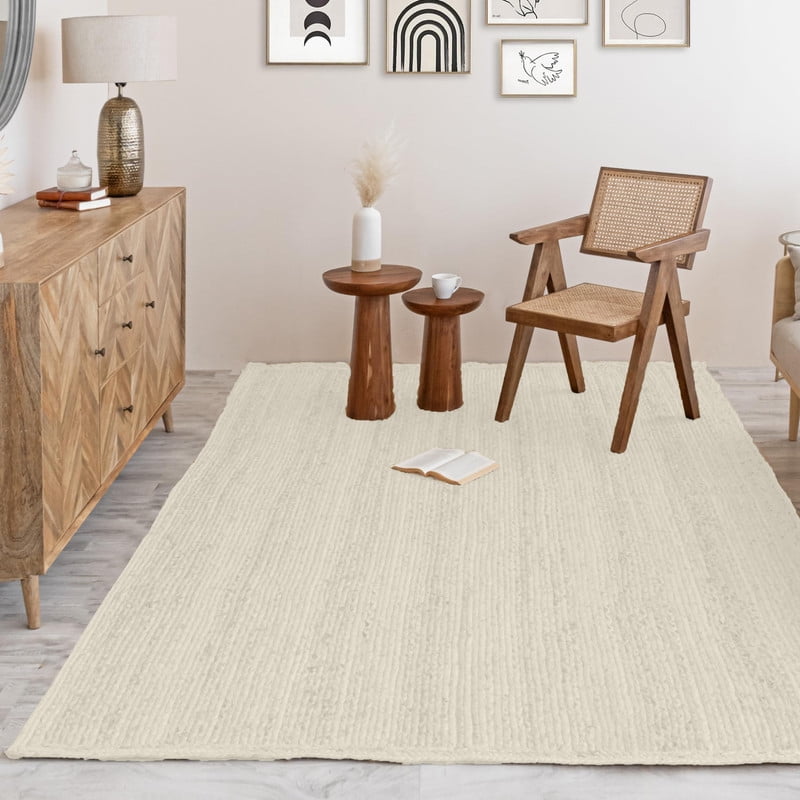 HOMEMONDE Off White Jute Rug 5x8 Ft Natural Fiber Hand Woven Braided