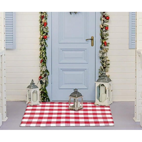 HOMEMONDE Red and White Checkered Rug 27.5"x43" - 100% Cotton Soft Hand-Woven Christmas Door Welcome Mats - Washable Area Rug for Front Porch, Front Door & Backyard