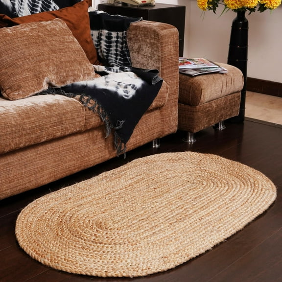 HOMEMONDE Small Braided Jute Rugs Natural Woven Doormat Rug Oval Shape 2.3 x 4 ft Floor Carpet for Entry Way