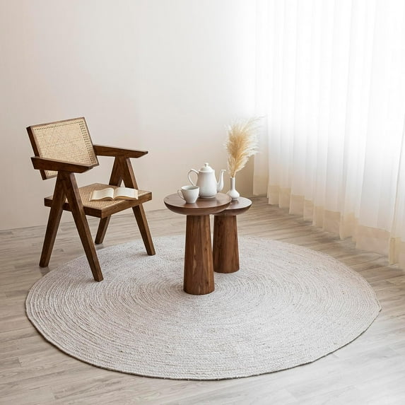 HOMEMONDE Off White Jute Rug Round 4 ft - Handwoven Natural Fiber Yarn - Reversible Rug - Eco-friendly High Traffic Area Rugs for Indoor, Bedroom & Kitchen
