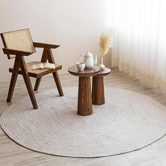 HOMEMONDE Jute Rug 8' Round Boho Home Decor Area Rug - Off-white Hand Woven Rustic Vintage Reversible Braided Rug for Bedroom, Kitchen, Living Room, Hallway, Dining Room