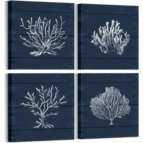 HOMEOART Coral Canvas Wall Art Prints Ocean Navy Blue Coastal Artwork Beach Home Decor Picture Framed Ready to Hang 12"x12"x4 Pieces