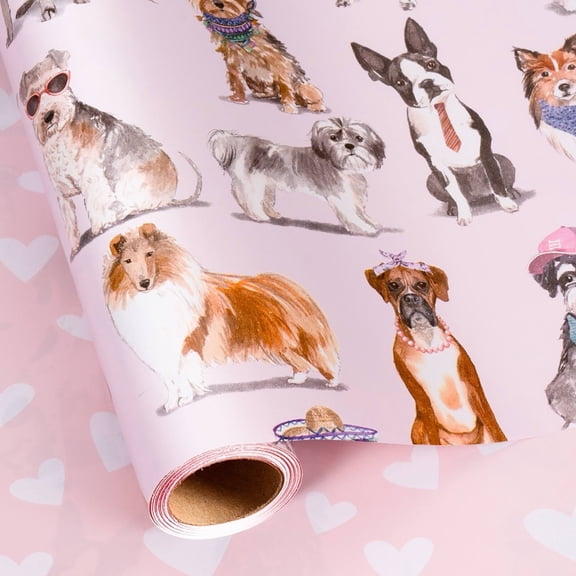 HOMERAL Pink Animal Wrapping Paper Roll - Reversible Gift Wrap with All Kinds of Adorable Puppies - Perfect for Baby Shower, Birthday, Holiday - 17 Inch X 33 Feet