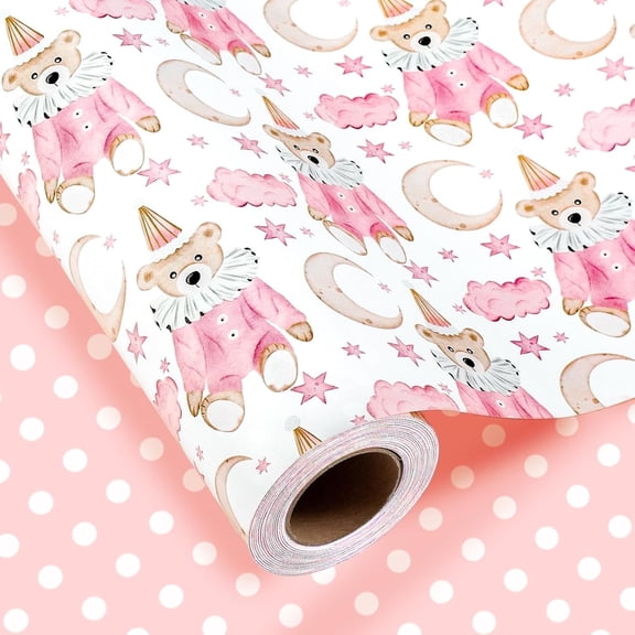 Homeral Pink Baby Shower Wrapping Paper Roll - Cute Baby Bear, Moon, Cloud, Star & Polka Dot, Reversible Newborn Gift Wrap for Girl 1st Birthday, Party - Mini Roll - 17 Inch x 33 Feet
