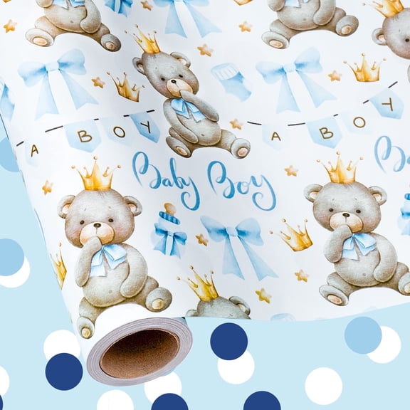 HOMERAL Blue Baby Shower Wrapping Paper Roll - Reversible Gift Wrap with A little bear wearing a crown, a blue bow, and the text "Baby Boy" - Perfect for Baby Shower - 17 Inch X 33 Feet