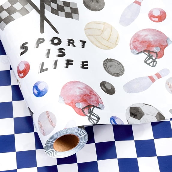 HOMERAL Reversible Wrapping Paper Roll Sports Themed - 17 In X 33 Ft - Ball Design Gift Wrap Paper for Birthday Baby Shower Holiday Party Celebration