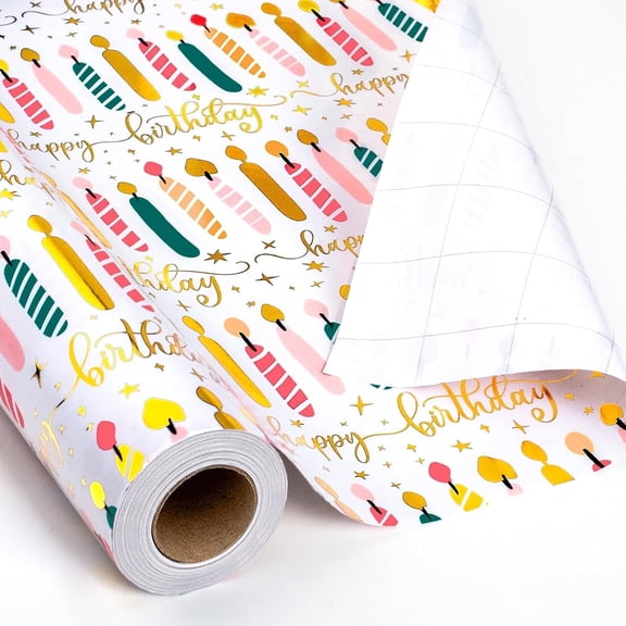 HOMERAL Birthday Candle Wrapping Paper Roll - 17Inch X 33Feet - Elegant Rainbow Gold Foil Candles Birthday Gift Wrap Paper for Girl's Birthday, Christmas, Holiday, Party and Sophisticated Celebration