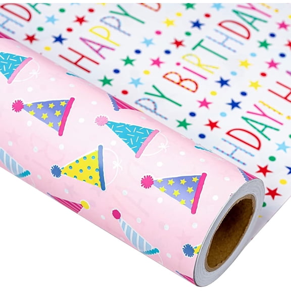 HOMERAL Birthday Gift Wrapping Paper Roll - 17Inch X 32.8Feet - Reversible Luxury Pink Girly Birthday Party Hat, Happy Birthday Lettering Gift Wrap for Kid Girl Birthday, Baby Shower, Party, Holiday