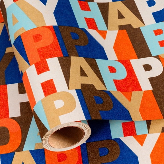 HOMERAL Birthday Wrapping Paper Roll - Kraft Gift Wrap with Colorful HAPPY BIRTHDAY Letter Design for Birthday, Holiday - 17 In x 33 Ft