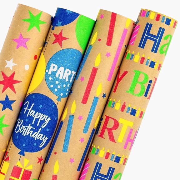 HOMERAL Wrapping Paper Kraft Paper Roll - Colorful Happy Birthday Lettering/Balloons/Stars/Birthday Candles Print Design - 4 Mini Rolls - 17 Inch x 120 Inch Per Roll