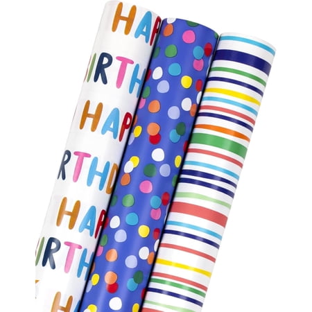 HOMERAL Birthday Wrapping Paper Roll - Mini Roll - 17 inch X 120 inch Per roll - Polka dots, Stripes Patterns (42.3 sq.ft.ttl)