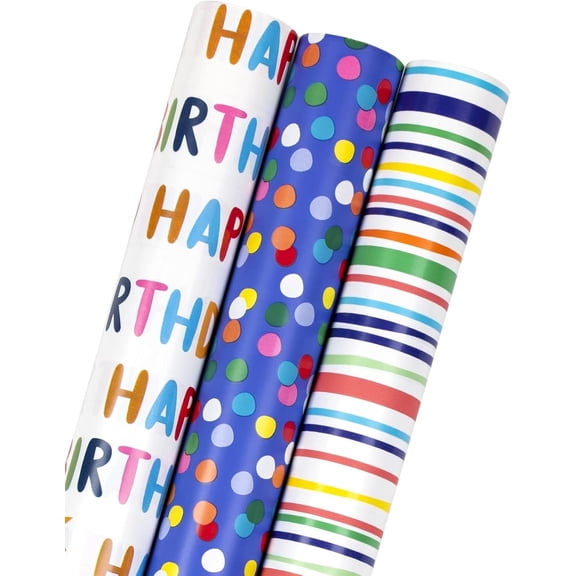 HOMERAL Birthday Wrapping Paper Roll - Mini Roll - 17 inch X 120 inch Per roll - Polka dots, Stripes Patterns (42.3 sq.ft.ttl)