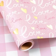 HOMERAL Love Heart Wrapping Paper Roll, Pink Love Lettering & Gold Hearts Reversible Gift Wrap for Valentine's Day, Anniversary, Wedding, Bridal Shower - 17 IN 