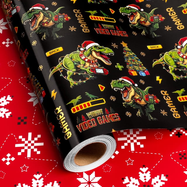 HOMERAL Black Dinosaur Christmas Wrapping Paper Roll, Double Sided ...