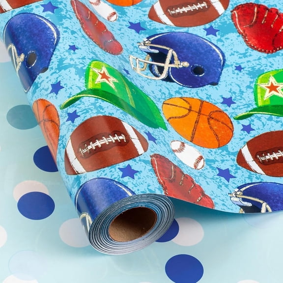 HOMERAL Blue Wrapping Paper Roll Sports Themed - Mini Roll - Ball Game Design Gift Wrap Paper for Birthday, Baby Shower, Gender Reveal Party, League Winning Celebration - 17In X 32.8Ft