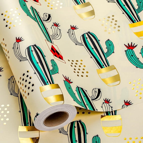HOMERAL Cactus Wrapping Paper Roll - 17Inch X 33Feet - Western Green Cactus Potted Plants Gold foil Design Gift Wrap Thick Paper for Baby Shower, Christmas, Holiday, Birthday, Wedding, Cactus Lover