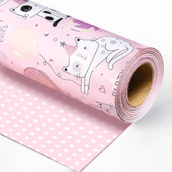 HOMERAL Cat Wrapping Paper, Reversible Birthday Wrapping Paper Roll, 17 Inch X 33 Feet Kawaii Pink Cat Gift Wrap Paper Kitten Cat Lover Holiday Wrapping Paper with Polka Dot for Party Baby Shower