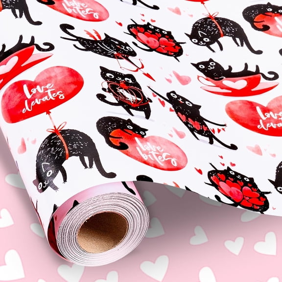 HOMERAL Cats Wrapping Paper Roll - 17 Inch X 33 Feet - White Gift Wrap with Cute Black Cats and Hearts - Perfect for Valentine's Day Anniversary Proposal Bridal Shower
