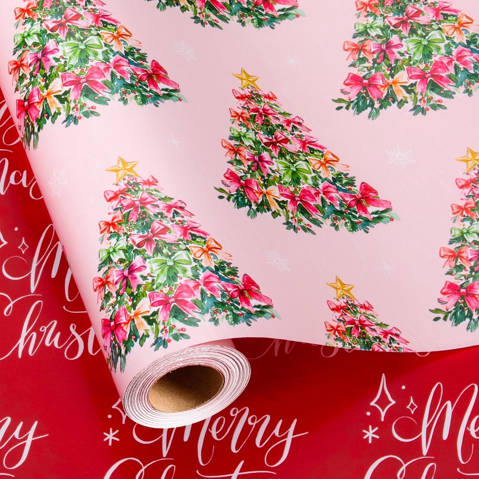 HOMERAL Christmas Tree Wrapping Paper Roll - Pink Gift Wrap with ...
