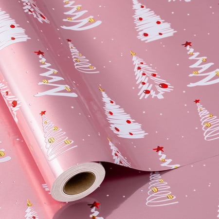 HOMERAL Christmas Tree Wrapping Paper Roll - Pink Gift Wrap - Perfect for Christmas - 17 Inch X 33 Feet