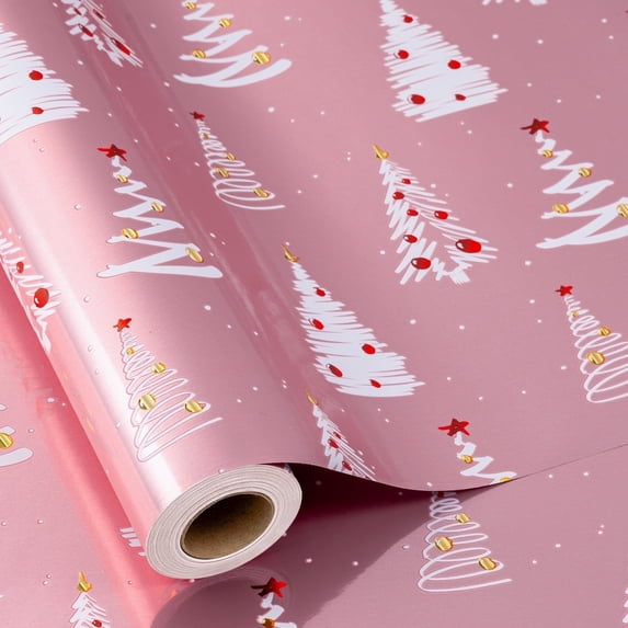 HOMERAL Christmas Tree Wrapping Paper Roll - Pink Gift Wrap - Perfect for Christmas - 17 Inch X 33 Feet