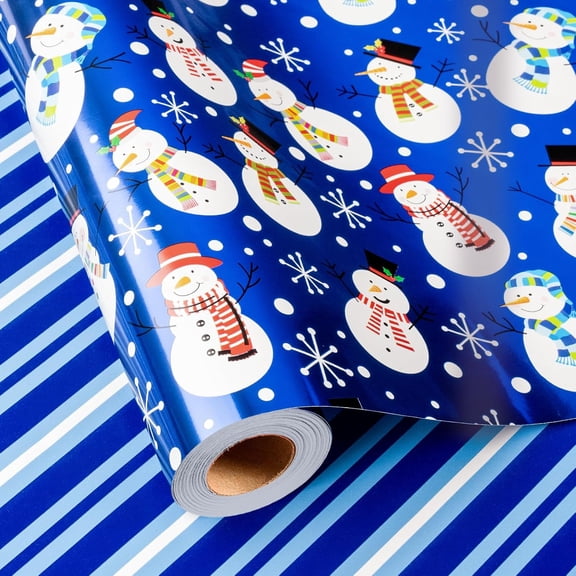 HOMERAL Blue Christmas Wrapping Paper, Reversible Winter Snowman Inspired Christmas Gift Wrap for Holiday(17 Inch X 33 Feet)