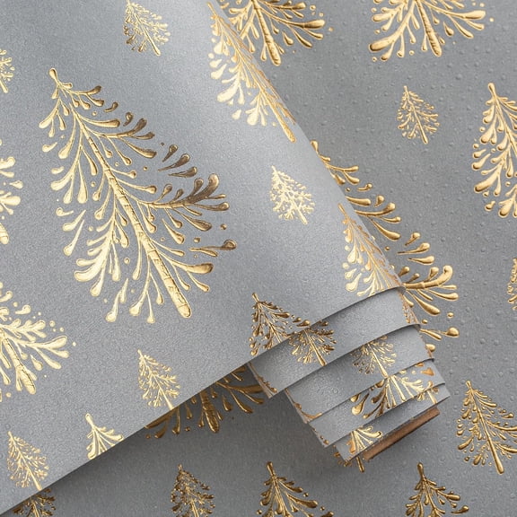 HOMERAL Christmas Wrapping Paper(Light Gray 3D Gold‑Foiled Christmas Tree),17 in X 32.8 ft