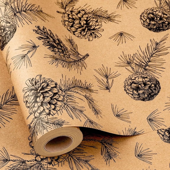 HOMERAL Kraft Christmas Wrapping Paper, Pine Cone Wrapping Paper, Recycled Thick Forest Autumn Pine Cones, Botanical Brown Christmas Gift Wrap for Holiday, Thanksgiving Natural (17 Inch X 33 Feet)
