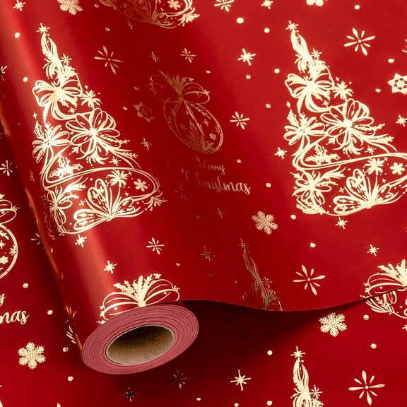 HOMERAL Christmas Wrapping Paper(Red Background Gold‑Foiled Christmas Tree),17 in X 32.8 ft