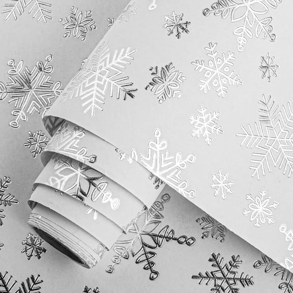 HOMERAL Christmas Wrapping Paper Roll - 3D Embossed Silver Foil Snowflakes on White for Christmas, Winter Holiday, Party, New Year Celebration - 17 Inch X 33 Feet