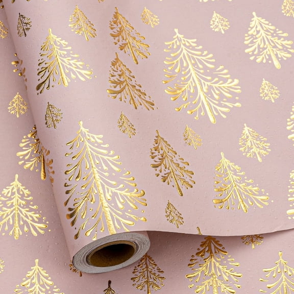 HOMERAL Pink Christmas Wrapping Paper - 17 Inch X 33 Feet - Gold Lusury 3D Embossed Foil Christmas Trees for New Year,Celebration,Holiday