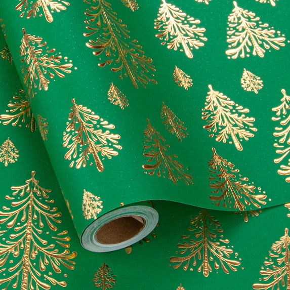 HOMERAL Green Christmas Wrapping Paper - 17 Inch X 33 Feet - Gold Lusury 3D Embossed Foil Christmas Trees for New Year,Celebration,Holiday