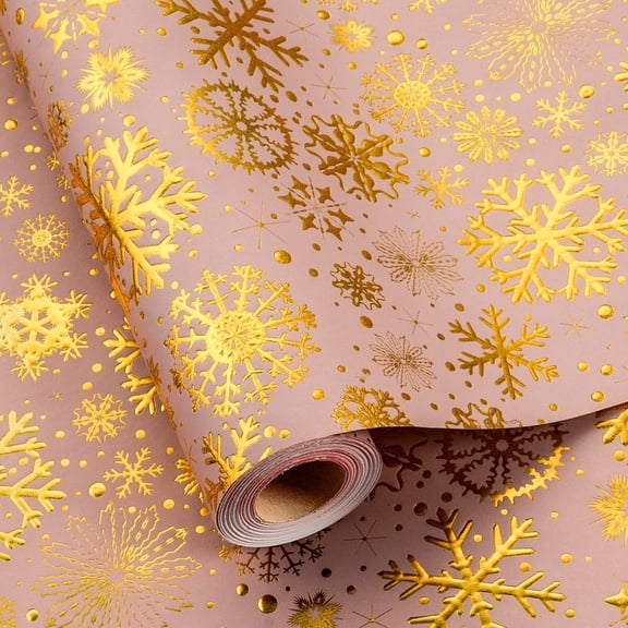 HOMERAL Pink Christmas Wrapping Paper - 17 Inch X 33 Feet - Gold Lusury 3D Embossed Foil Snowflake for New Year,Celebration,Holiday