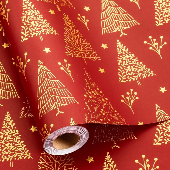 HOMERAL Christmas wrapping paper roll - 3D Embossed Tree, Birds, Stars on Red with Gold Foil Metallic Shine for Christmas, New Year Celebration - 17 In x 33 Ft