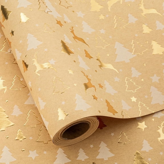 HOMERAL Kraft Christmas Wrapping Paper Roll- Embossing 3D with Gold Foil Reindeer & Christams Tree Design for Christmas Holiday Party - 17 Inch X 33 Feet