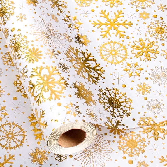 HOMERAL White Christmas Wrapping Paper - 17 Inch X 33 Feet - Gold Lusury 3D Embossed Foil Snowflake for New Year,Celebration,Holiday