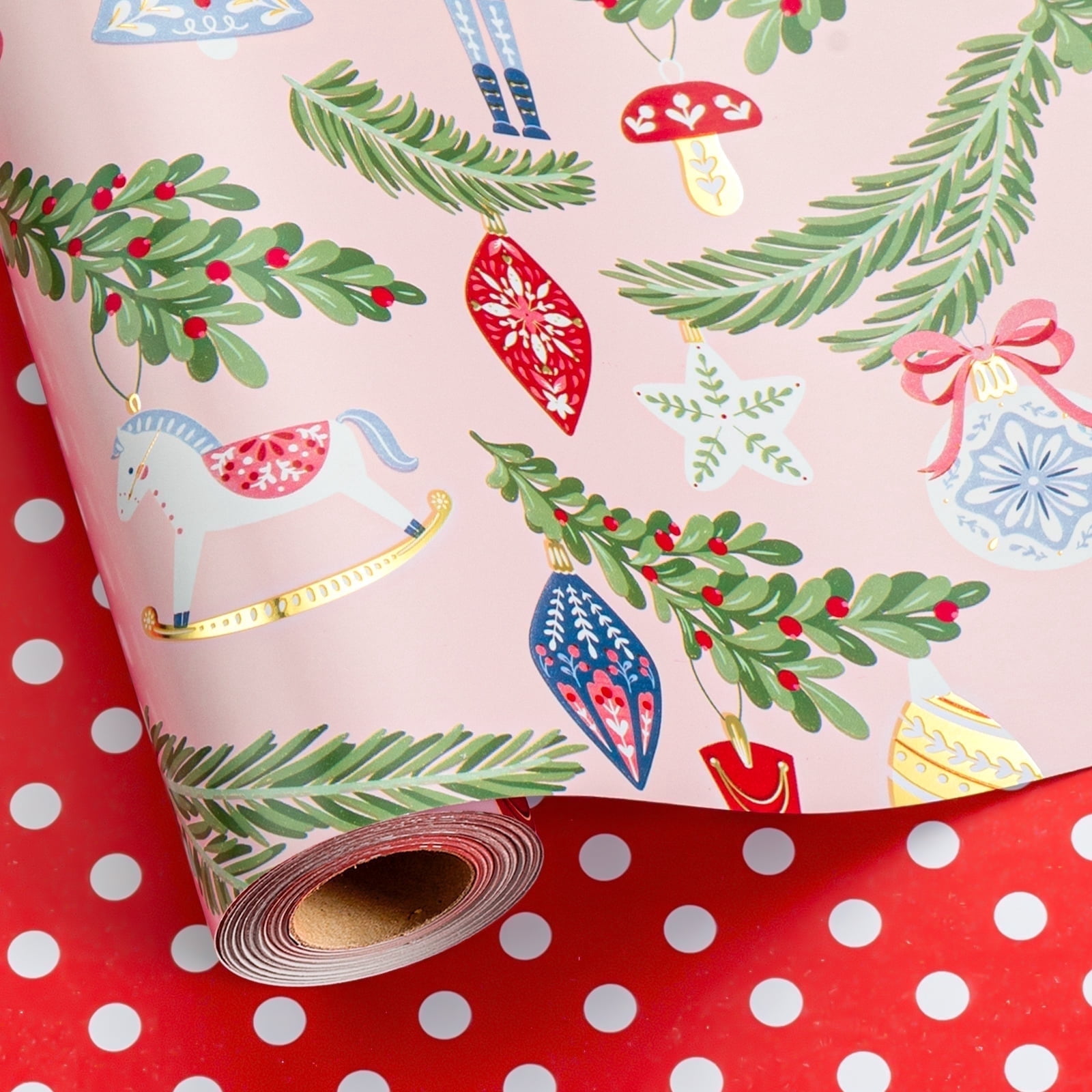 HOMERAL Christmas Wrapping Paper Roll - Pink Gift Wrap with Nutcracker ...