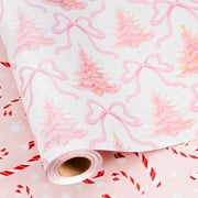 HOMERAL Christmas Wrapping Paper Roll - Pink Gift Wrap with Christmas Tree and Snowflake - Perfect for Christmas - 17 Inch X 33 Feet