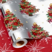 HOMERAL Christmas Tree Wrapping Paper Roll - Silver Gift Wrap with Dahlia, Snowflake, Bowknot - Perfect for Christmas - 17 Inch X 33 Feet