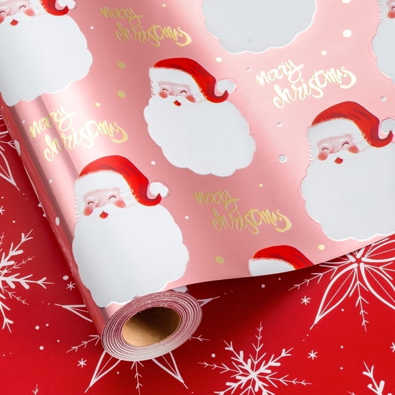 HOMERAL Christmas Wrapping Paper Roll - Pink Gift Wrap with Santa Claus Head, "Merry Christmas" Letter and Snowflake - Perfect for Christmas - 17 Inch X 33 Feet