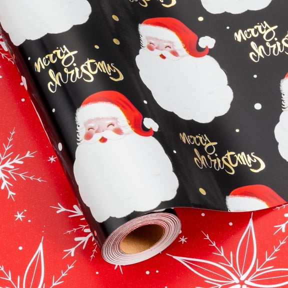 HOMERAL Christmas Wrapping Paper Roll - Black Gift Wrap with Santa Claus Head, "Merry Christmas" Letter and Snowflake - Perfect for Christmas - 17 Inch X 33 Feet
