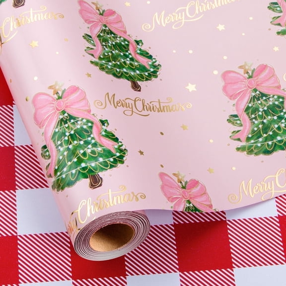 HOMERAL Christmas Wrapping Paper Roll - Pink Gift Wrap with Christmas Tree, Candy Cane and Bowknot - Perfect for Christmas - 17 Inch X 33 Feet