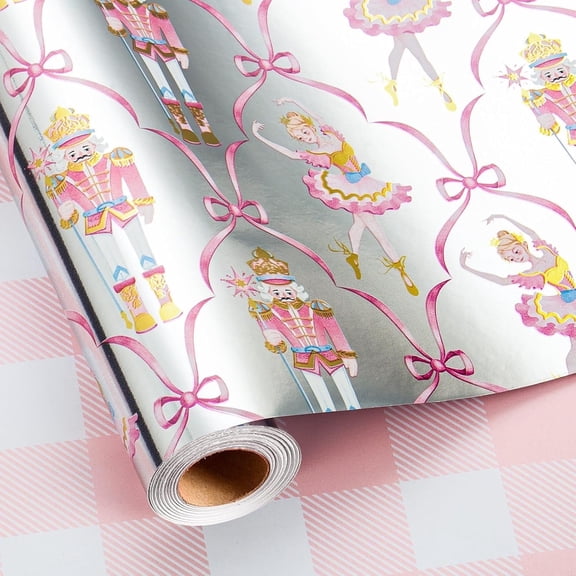 HOMERAL Christmas Wrapping Paper Roll - Silver Gift Wrap with Nutcracker, Dancing Girl and Bowknot - Perfect for Christmas - 17 Inch X 33 Feet